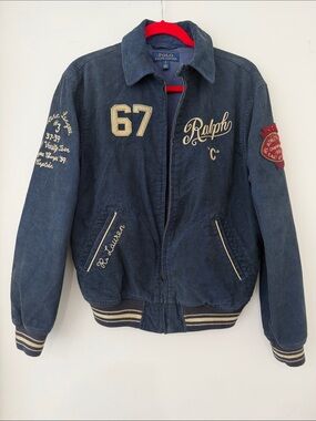 Polo Ralph Lauren Men's Navy Corduroy Bomber Jacket - 67 Embroidered Genuine
